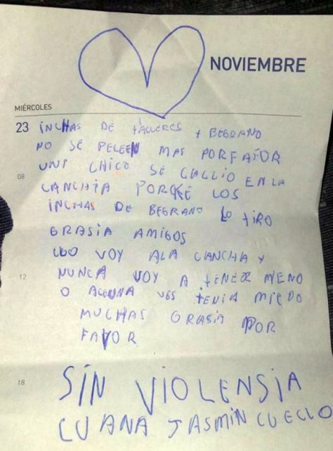 NENA DE 6 AÑOS ESCRIBIÓ UNA CARTA EMOTIVA POR LA MUERTE DEL HINCHA DE BELGRANO