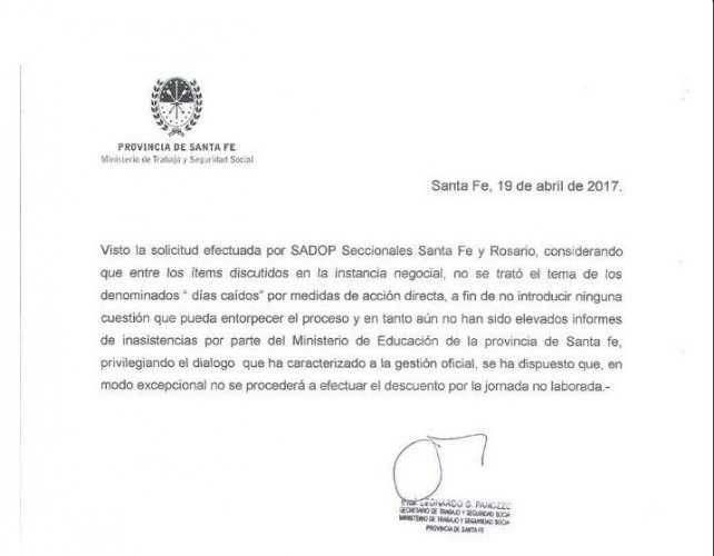 La Provincia no descontará los días de paro a los docentes