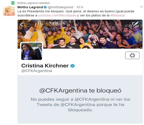 CRISTINA KIRCHNER BLOQUEÓ A MIRTHA LEGRAND EN TWITTER: 