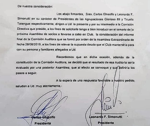 La nota presentada por la oposición de Unión a la CD que preside Luis Spahn. - UNO Santa Fe