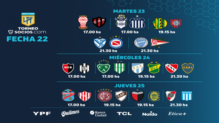LPF: calendario de partidos para la 22ª jornada