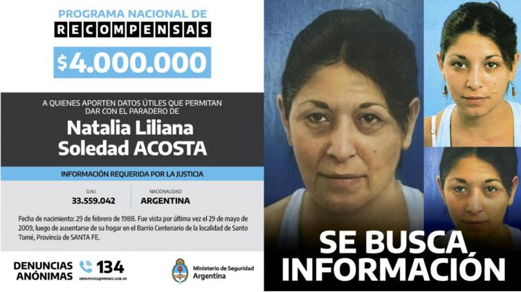 Ofrecen cuatro millones de pesos para quienes aporten datos sobre Natalia Acosta