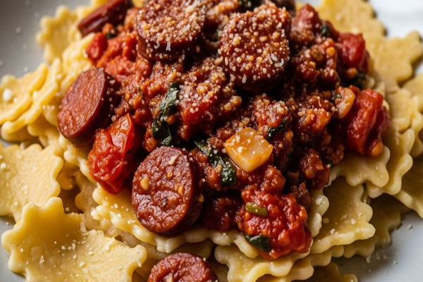 Pasta casera con salsa con chorizo colorado y un ingrediente sorpresa